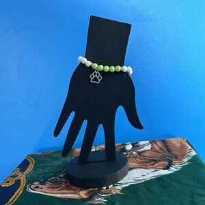 Animal Paw Print Charm Stretch Bracelet Green White Beads Faux Silver Jewelry